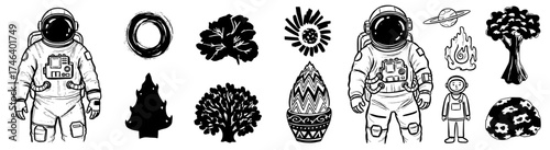 Illustrative Astronaut Exploring Exoplanet Wilderness Featuring Exotic Flora and Fauna, Suitable for Educational Presentations and Tech Industry Marketing, Depicted in Black and White Sketch Style, Pr