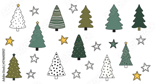 Whimsical collection of hand-drawn Christmas trees and sparkling stars, perfect for festive winter season designs, holiday greetings, and decorative patterns