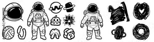 Astronaut Explorers and Space Symbols in Sketch Style: Cosmic Adventures, Planets, Stars, and Galactic Elements for Sci-Fi Enthusiasts, Educational Materials, Kids' Designs, Creative Projects, Technol