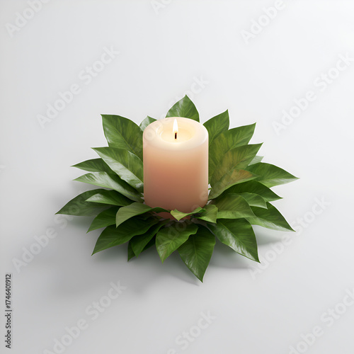 A high-angle shot of a candle placed next to fresh green leaves on a clean white background, evoking a calm, natural, and minimalist aesthetic.