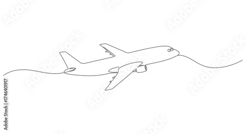 Whimsical hand-drawn airplane with streamers floating through the sky simple line art concept silhouette