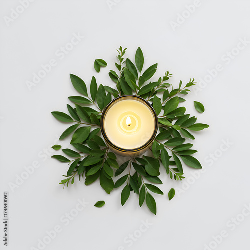 A high-angle shot of a candle placed next to fresh green leaves on a clean white background, evoking a calm, natural, and minimalist aesthetic.