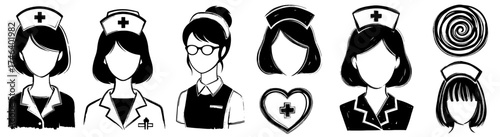 Diverse Healthcare Professionals Group Illustration: Faceless Nurse Icons in Uniform, Modern Medical Team, Clinic Staff, Doctors, Caricatures, First Aid Emergency Care, Black and White Grunge Style Gr