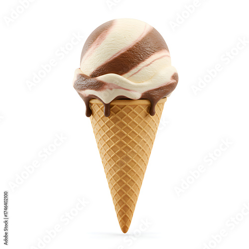 A highly detailed 3D rendering of a delicious ice cream in a waffle cone, isolated on a white background