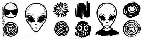 Abstract Alien Icons Collection with Distressed Brush Strokes, Extraterrestrial Faces and Sci-Fi Elements for Creative Projects, Space Exploration, Futuristic Design, Unconventional Art, Contemporary