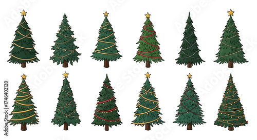 Collection of festive holiday evergreen trees decorated with lights and ornaments, perfect for winter celebrations, seasonal design projects, and traditional graphic assets