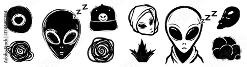 Alien Cartoon Icons Set: Hand-Drawn Extraterrestrials in Various Poses and Expressions Isolated on White Background for Graphic Design, Sci-Fi Illustrations, and Whimsical Children's Projects Featurin