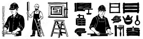 Craftsman at Work: Vintage Woodworker Restoring Antique Furniture in Workshop, Repairing Fixtures with Traditional Tools, Retro Handyman in Overalls, Carpentry Skills, Renovation Project, Home Improve