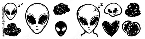 Monochrome Alien Head Illustrations with Sleepy Zzz, Heart, Cloud, and Floral Rose Graphics, Cosmic Art, Dreamy Extraterrestrial Concept for Science Fiction, Ufo, Fantasy, Isolated on White, Grunge St