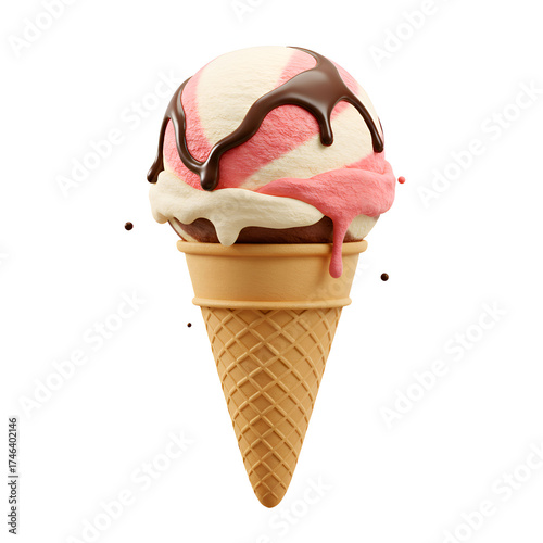 A highly detailed 3D rendering of a delicious ice cream in a waffle cone, isolated on a white background