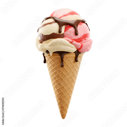 A highly detailed 3D rendering of a delicious ice cream in a waffle cone, isolated on a white background,  