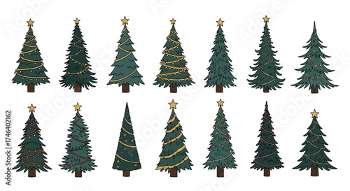 A diverse collection of illustrated holiday evergreen trees, featuring various shapes, decorations like lights, garlands, and stars, perfect for festive winter season designs and celebrations