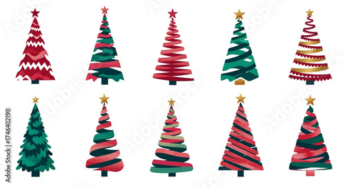 A delightful collection of stylized holiday trees, each uniquely decorated with vibrant patterns and festive toppers, capturing the cheerful essence of winter celebrations and seasonal design
