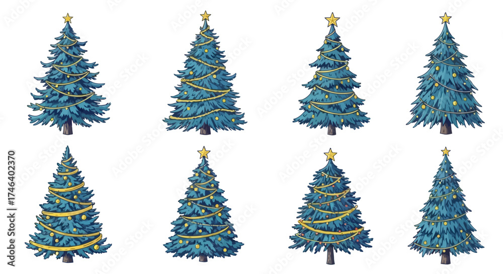 Obraz premium Stylized blue Christmas trees collection, adorned with golden garlands, stars, and festive ornaments, ideal for holiday season designs and winter celebrations