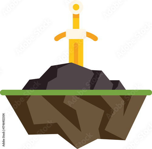 Golden sword standing on a floating island, symbolizing power, fantasy, and adventure in a video game or story