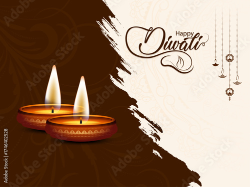 Happy Diwali Festival Greeting Background with Two Glowing Diyas, Elegant Beaded Decorative Pattern, Hanging Ornaments, and Vibrant Indian Celebration Design for Holiday Card or Poster
