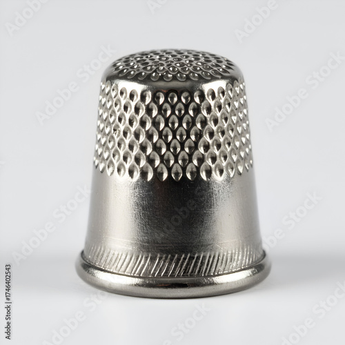 A metallic sewing thimble isolated on a white background, featuring a shiny textured surface with small dimples, symbolizing traditional craftsmanship and precision.