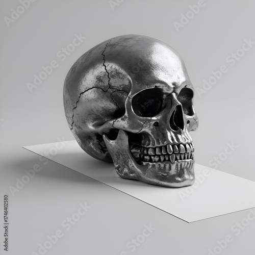 A metallic skull placed on a stripe of paper against a white background, combining elements of art and symbolism with a modern, minimalist aesthetic.