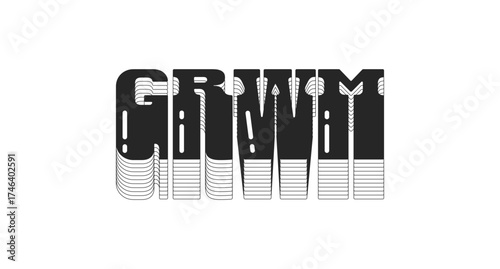 GRWM abbreviation bold black viral internet slang typography. Get ready with me lingo. Beauty, fashion routine. Monochrome 80s synthwave buzz word with layered shadow. Pop culture. Danfo font used