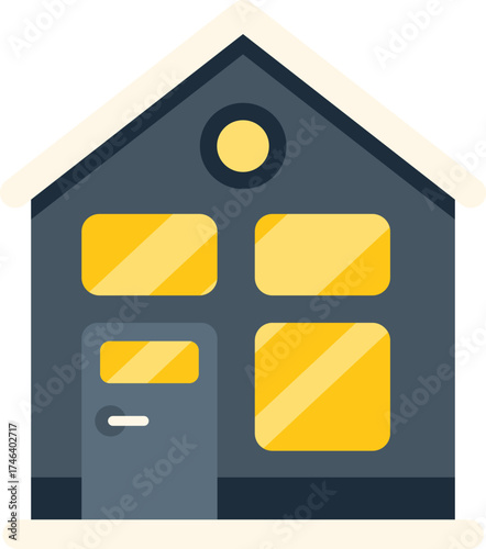 Simple, cozy winter house with glowing windows, snow covered roof, and a welcoming front door, perfect for winter holidays or real estate themes