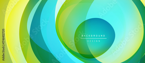 Abstract layers create vibrant circular pattern. Green, yellow, turquoise hues blend smoothly. Modern design element for backgrounds.