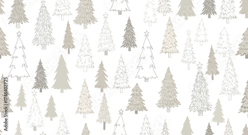 A charming and elegant seamless pattern featuring an array of stylized Christmas trees in various natural shades of grey and beige, perfect for festive winter designs and holiday backgrounds