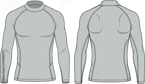 Technical fashion flat sketch, long sleeve compression shirt, athletic wear design, front and back view garment illustration with seam line details