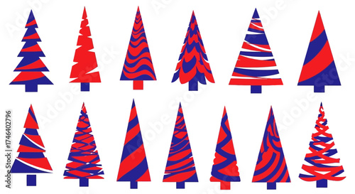 Collection of festive abstract Christmas tree designs in vibrant red and blue colors, perfect for holiday season decorations and modern graphic elements