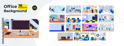 Office interior and workplace backgrounds cartoon flat illustrations mega bundle. Meeting rooms, desks, coworking space, home workspace 2D images isolated on white. Collection vector drawings colorful