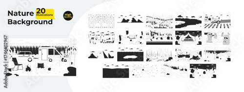 Nature and outdoor landscape backgrounds outline illustrations mega bundle. Camping, natural disasters, orchard, farm, travel 2D linear images isolated. Collection black and white vector drawings