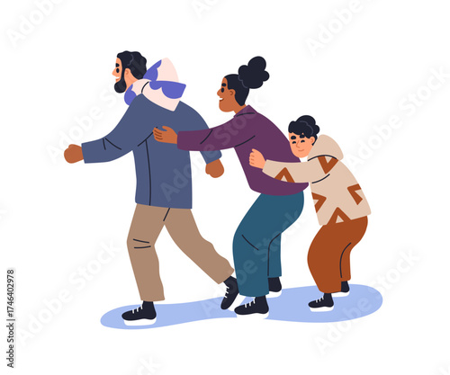 Family skating on ice rink together. Happy mother, father and kid holding each other in line, winter sports activity, holiday recreation, fun. Flat vector illustration isolated on white background