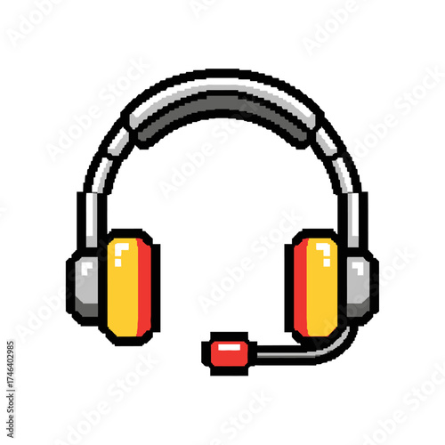 Pixel art gaming headset with microphone icon isolated.