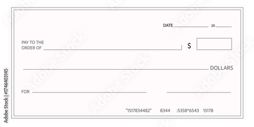 Bank check, checkbook blank cheque template, empty fields, grids to fill, mockup paper, payment. 