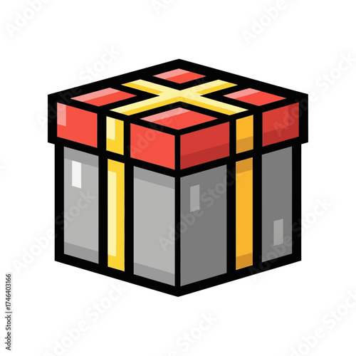 Pixel art gift box with red lid and yellow ribbon.