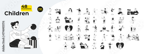 Diverse children activities and education outline illustrations mega bundle. Kids learning, playing, reading, drawing, doing sports 2D linear images. Collection black and white vector drawings