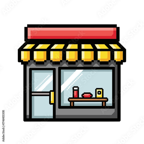 Charming Pixel Art Storefront Illustration with Awning and Display Window.