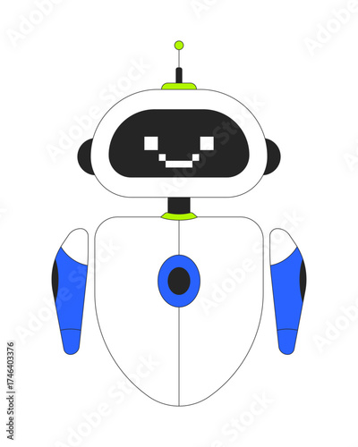 Friendly AI robot with pixelated smile 2D cartoon character. Artificial intelligence robotics cute. Customer bot, chatbot flat vector personage isolated on white. Spot illustration colorful