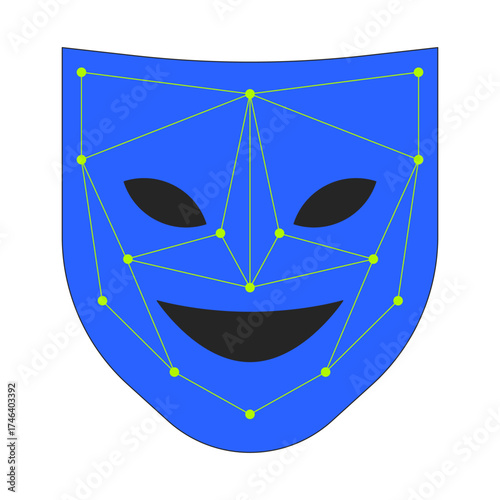 Facial recognition technology mask 2D cartoon object. Face detection connectivity. Theatrical mask overlaid with nodes network isolated element flat vector clip art on white. Spot illustration