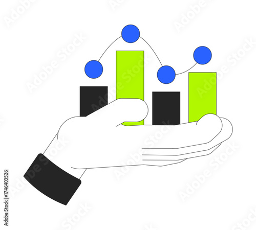 Hand holding analytics bar graph dots vector illustration. Data growth support with barchart. Financial uplift. Strategic analysis 2D cartoon image isolated on white. Editable flat clipart colorful