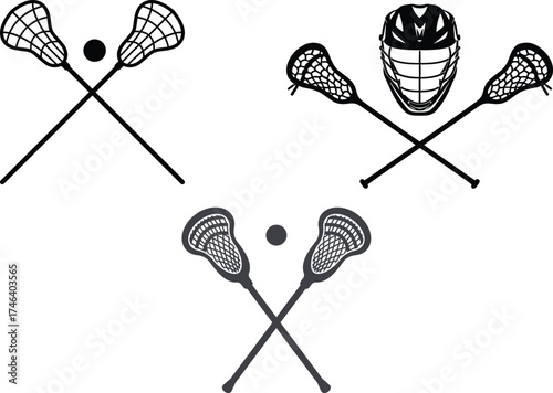 Lacrosse sports badge, women’s helmet and sticks symbol, flat vector design