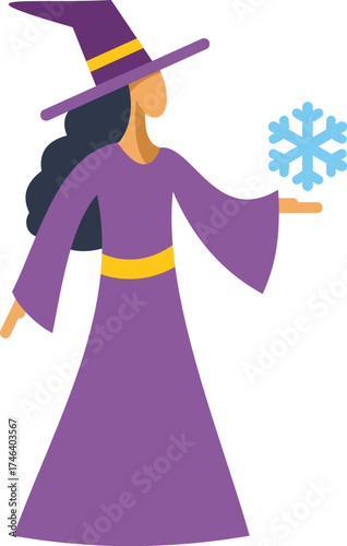 Witch conjuring snowflake celebrating winter, christmas or new year's eve, wearing traditional purple dress and hat