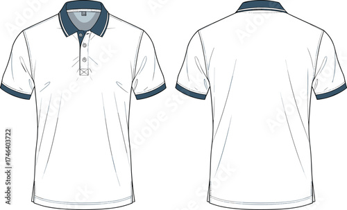 Technical fashion flat sketch, short sleeve polo shirt with contrast collar and cuffs, four button placket, front and back garment illustration template