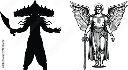 Archangel Michael protecting humanity, fighting demon, detailed religious vector illustration