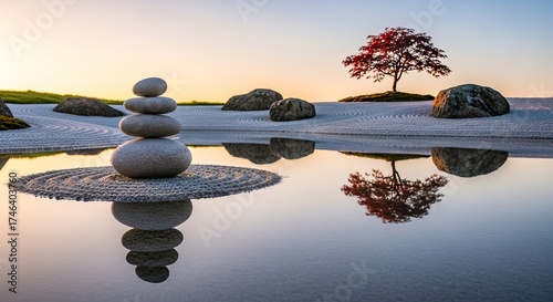 Zen garden with stacked pebble stone balancing on sand. Red maple tree and calm water reflection. Meditation and spiritual healing.