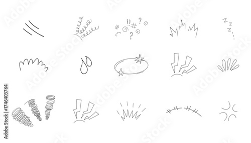 Comic manga effect angry exclamation expressions, hand drawn sketch line emoticon anime reaction set. Scribble anime dizzy marks 
