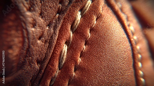 Luxurious brown leather close-up with intricate stitching details showcasing texture and craftsmanship for fashion, design, and authentic material concepts