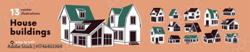House buildings, home facades set. Real estate, property with gabled roofs, attic, large windows. Residential living construction exteriors. Modern architecture. Isolated flat vector illustrations