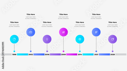 Horizontal timeline showcasing key milestones. Each year features a colored circular icon connected by dotted lines, with gradient bars emphasizing progress and growth. Workflow infographic design