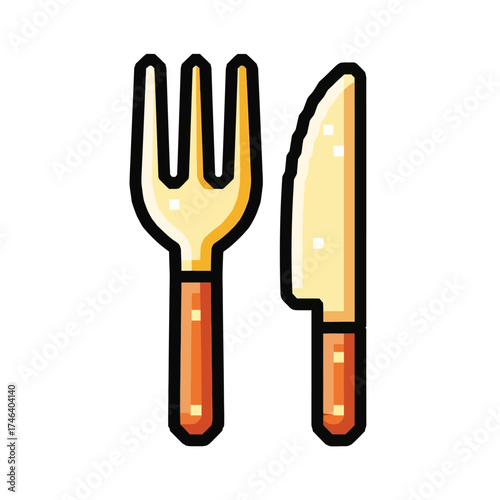 Simple cartoon style illustration of a golden fork and knife with brown handles.