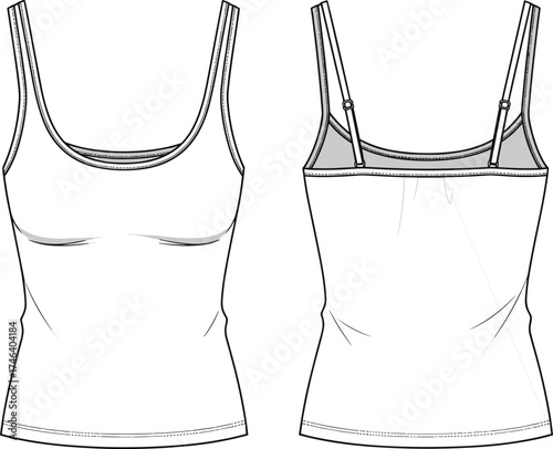 Wallpaper Mural Technical fashion flat sketch, women’s tank top with scoop neckline and adjustable straps, front and back garment illustration, apparel design template Torontodigital.ca